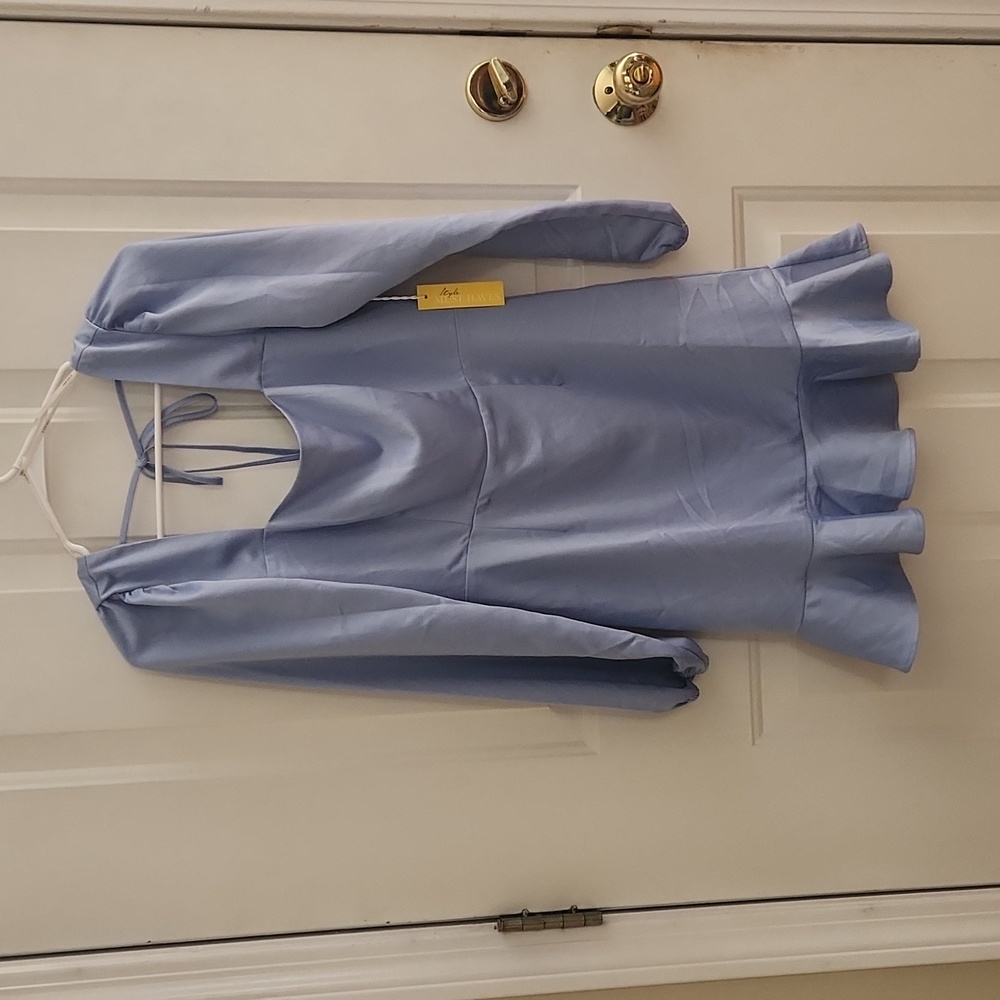 Periwinkle blue long sleeve mini dress. Beautiful material tie neck zip up back
